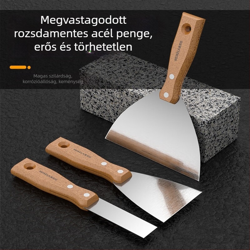 Rozsdamentes acél glettkés lakkozott nyéllel; többfunkciós kaparó gletteléshez és falak tisztításához