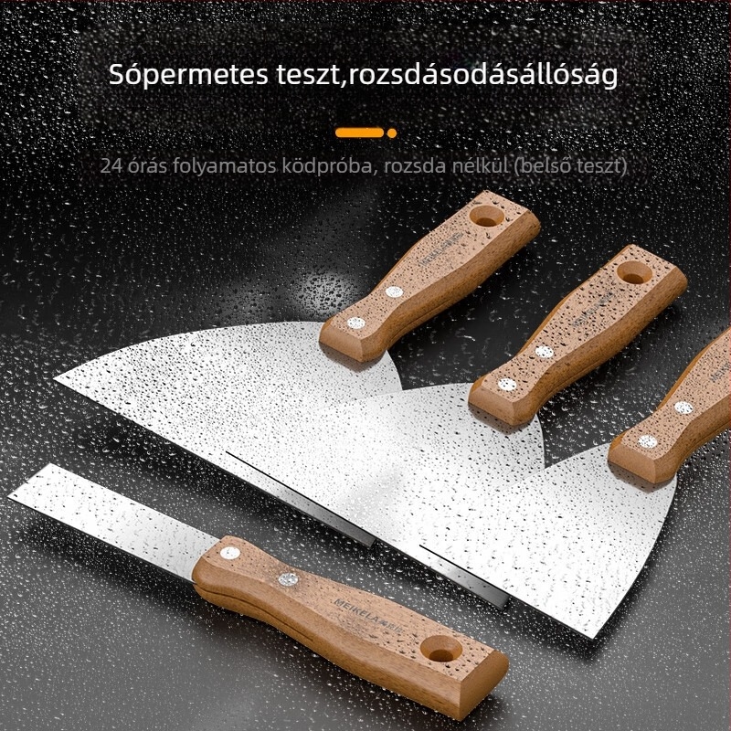 Rozsdamentes acél glettkés lakkozott nyéllel; többfunkciós kaparó gletteléshez és falak tisztításához