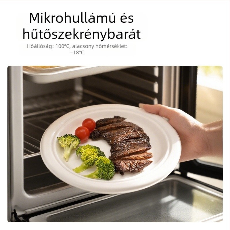 Cukornád rostjából készült kerek egyszer használatos ebédedény, biológiailag lebomló, vastagított kialakítás, mikrohullámú sütőben is használható, 20 db/csomag