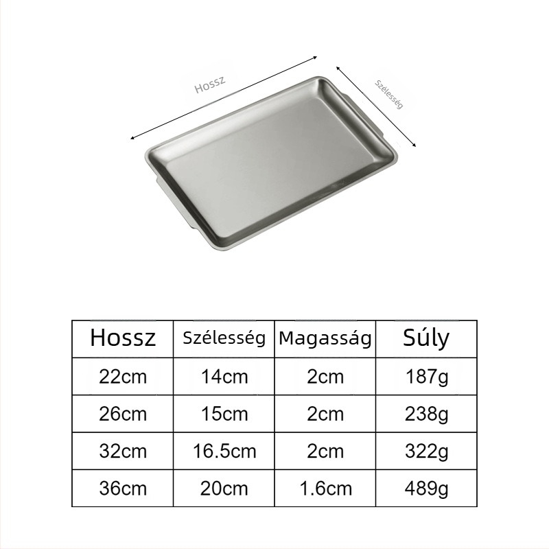 Koreai stílusú téglalap alakú tálca 304 rozsdamentes acélból, tükrös felülettel, egyszínű dizájn, modern minimalista stílus