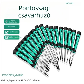 Csavarhúzó készlet lapos, keresztes és ötszög fejű bitekkel mobiltelefonok, órák és szemüvegek javítására | szénacél