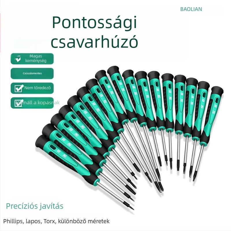 Csavarhúzó készlet lapos, keresztes és ötszög fejű bitekkel mobiltelefonok, órák és szemüvegek javítására | szénacél