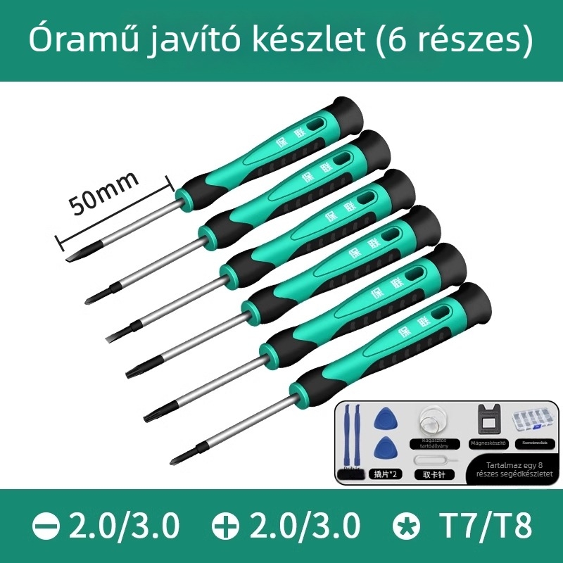 Csavarhúzó készlet lapos, keresztes és ötszög fejű bitekkel mobiltelefonok, órák és szemüvegek javítására | szénacél