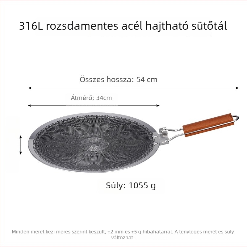 Rozsdamentes acél kemping grill tálca, kerek formájú, 1336 g, hordozható, tapadásmentes