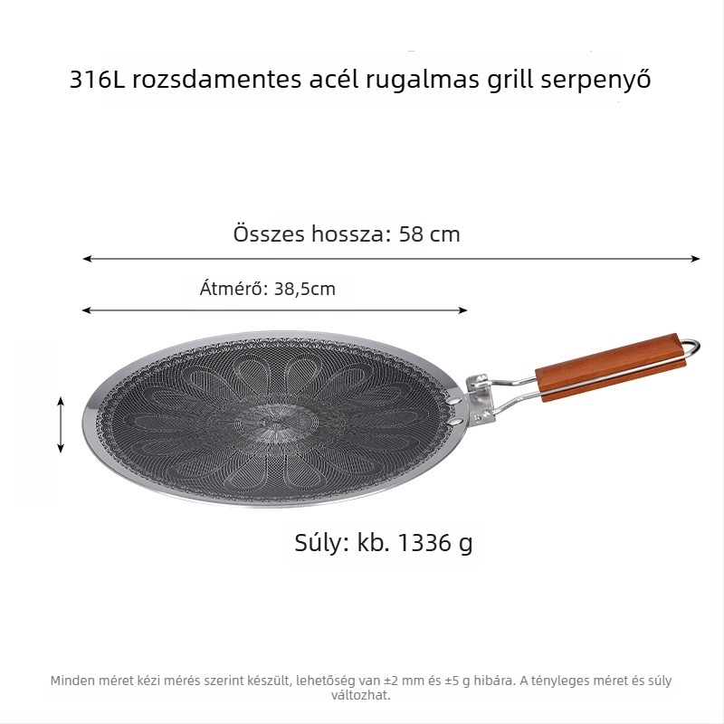 Rozsdamentes acél kemping grill tálca, kerek formájú, 1336 g, hordozható, tapadásmentes