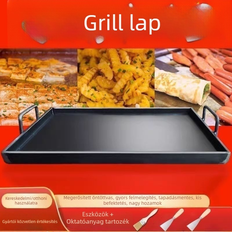 Öntöttvas Teppanyaki grillsütő, négyszögletes, elektroforezises felületkezelés, hajtogatható kialakítás háztartási és kereskedelmi használatra
