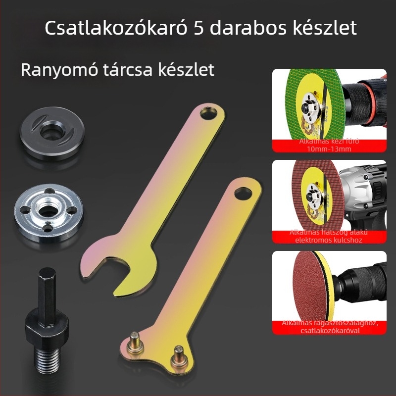 Öt darabos forgófej-kiegészítő készlet 100 mm-es sarokcsiszolóhoz, vasból készült kivitel és nyomólemez