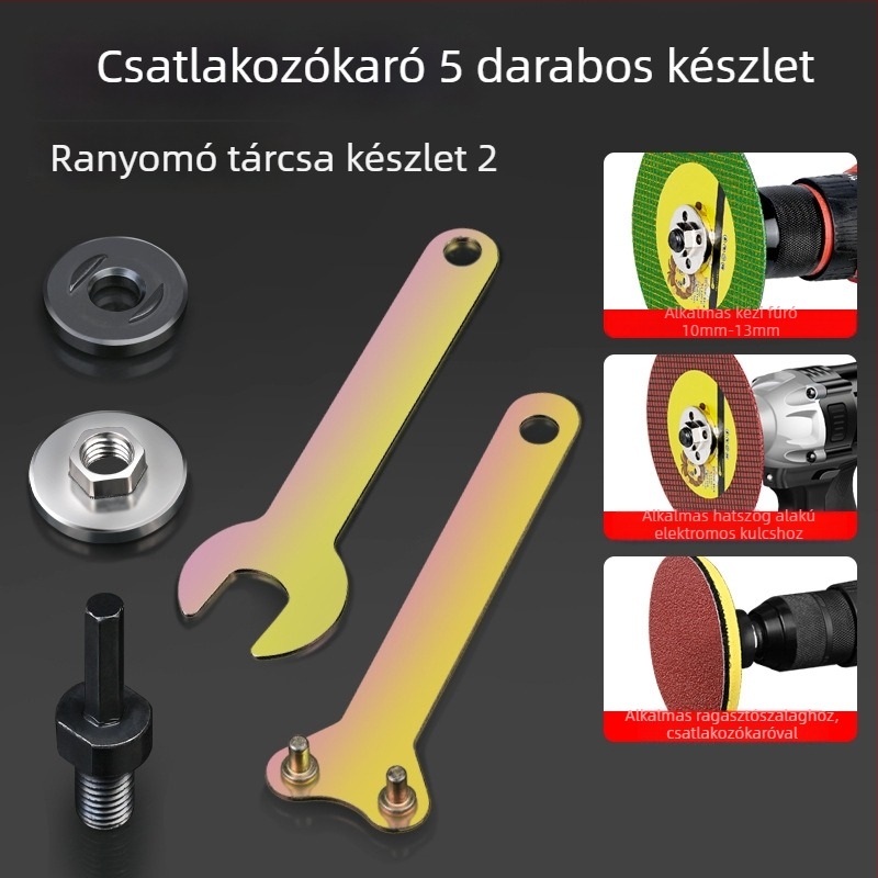 Öt darabos forgófej-kiegészítő készlet 100 mm-es sarokcsiszolóhoz, vasból készült kivitel és nyomólemez