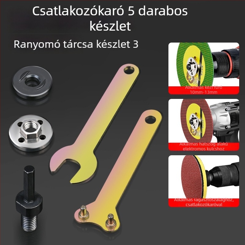 Öt darabos forgófej-kiegészítő készlet 100 mm-es sarokcsiszolóhoz, vasból készült kivitel és nyomólemez