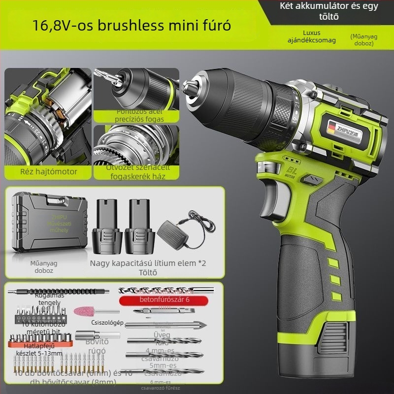 Brushless Li-ion fúró-csavarbehajtó, nagy teljesítmény, egyenes kialakítás, állandó sebesség, kettős tápellátás