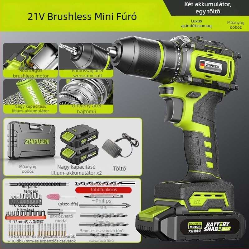 Brushless Li-ion fúró-csavarbehajtó, nagy teljesítmény, egyenes kialakítás, állandó sebesség, kettős tápellátás