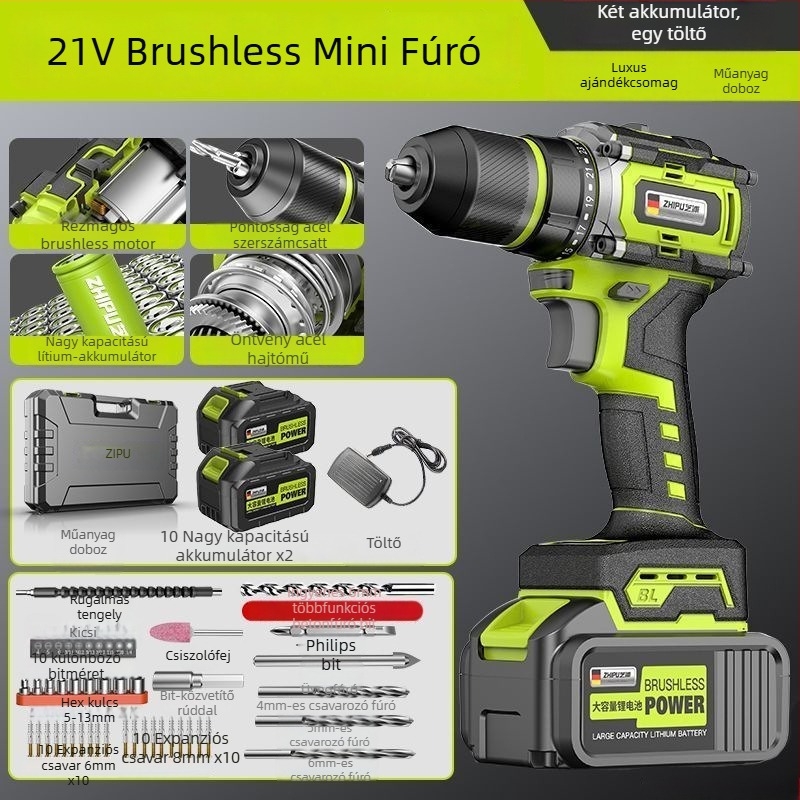 Brushless Li-ion fúró-csavarbehajtó, nagy teljesítmény, egyenes kialakítás, állandó sebesség, kettős tápellátás