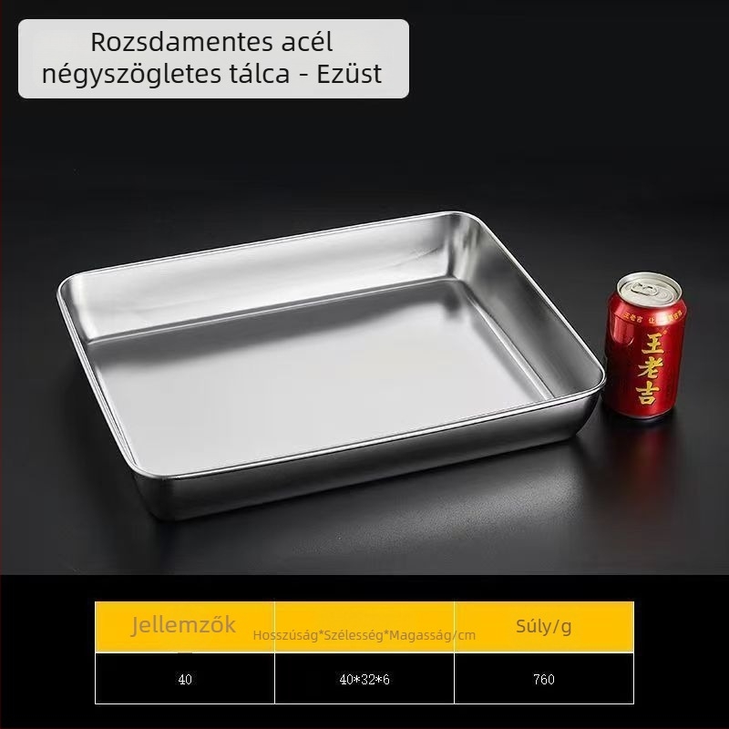 Rozsdamentes acél lapos tálca, téglalap alakú, hideg ételekhez, egységes öntött felület, modern Minimalista stílus