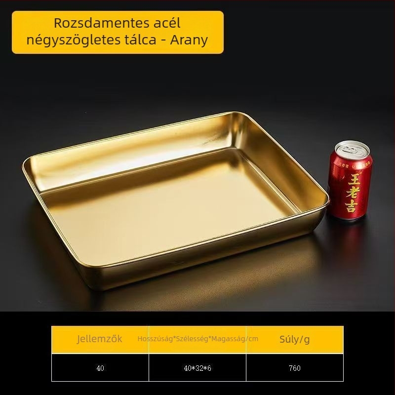 Rozsdamentes acél lapos tálca, téglalap alakú, hideg ételekhez, egységes öntött felület, modern Minimalista stílus