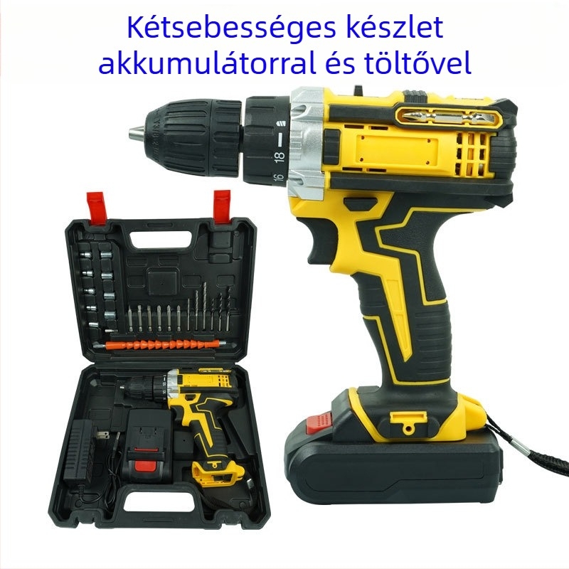21V kézi ütőfúró, kétsebességes, háromfunkciós, újratölthető Li-ion akkumulátor, önzáró tokmány, kefés motor