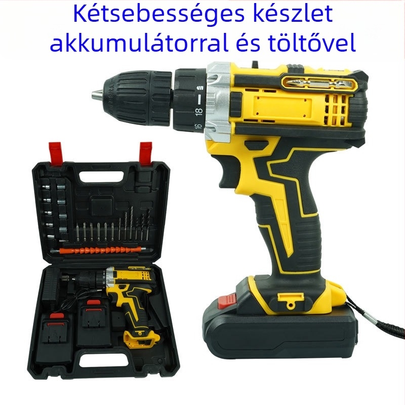 21V kézi ütőfúró, kétsebességes, háromfunkciós, újratölthető Li-ion akkumulátor, önzáró tokmány, kefés motor