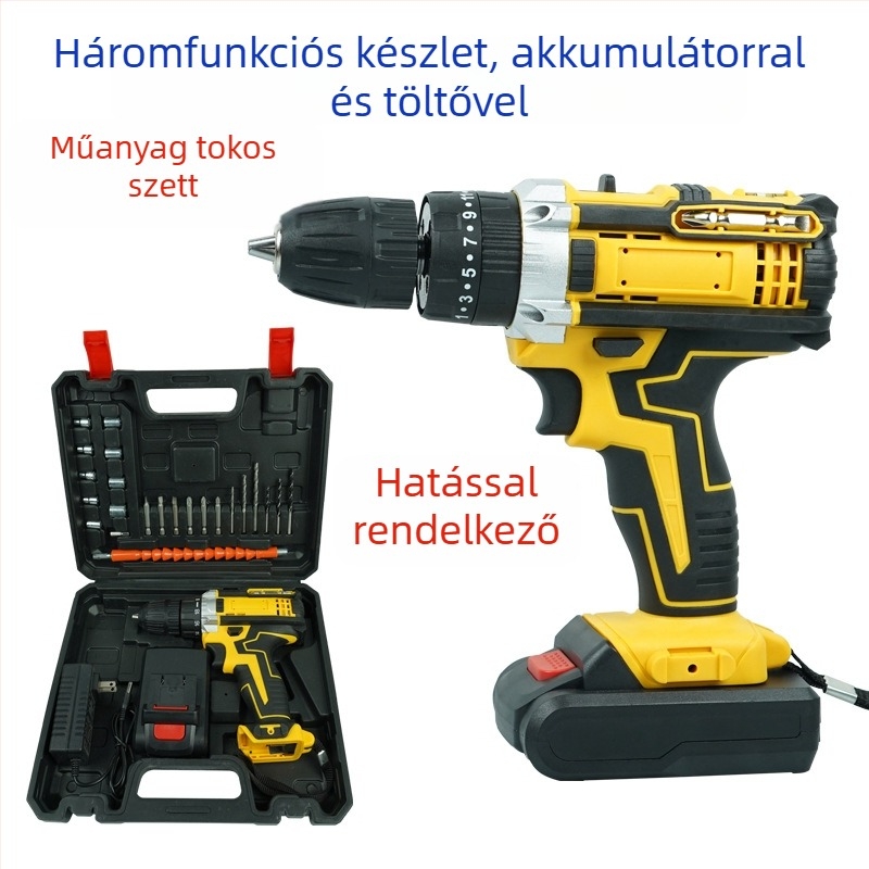21V kézi ütőfúró, kétsebességes, háromfunkciós, újratölthető Li-ion akkumulátor, önzáró tokmány, kefés motor