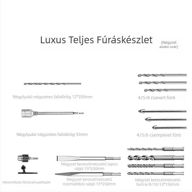 Xuxuan Ütőfúró Bitkészlet: spirál és háromszög alakú fúrók, falnyílás kinyitó, négyzetes és kerek fogantyú, 3-részes tok-készlet