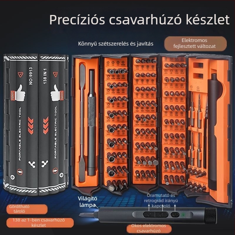 Elektromos precíziós csavarhúzó készlet 138-in-1 szétszereléshez, háztartási használatra, frissített 6 darab készlettel és edzett bitekkel, szénacél