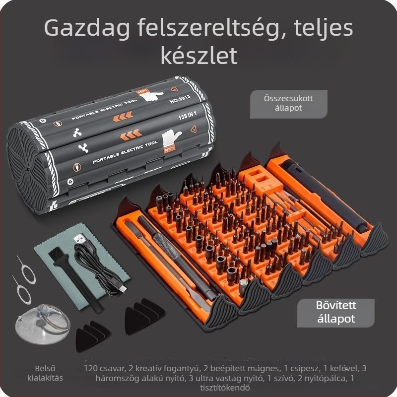 Elektromos precíziós csavarhúzó készlet 138-in-1 szétszereléshez, háztartási használatra, frissített 6 darab készlettel és edzett bitekkel, szénacél