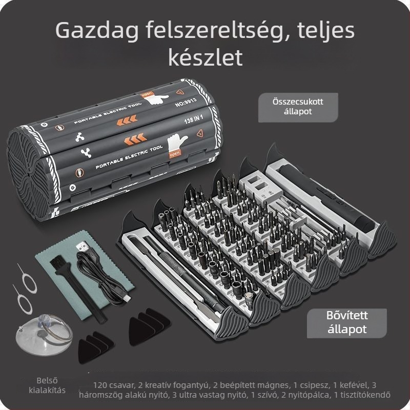Elektromos precíziós csavarhúzó készlet 138-in-1 szétszereléshez, háztartási használatra, frissített 6 darab készlettel és edzett bitekkel, szénacél
