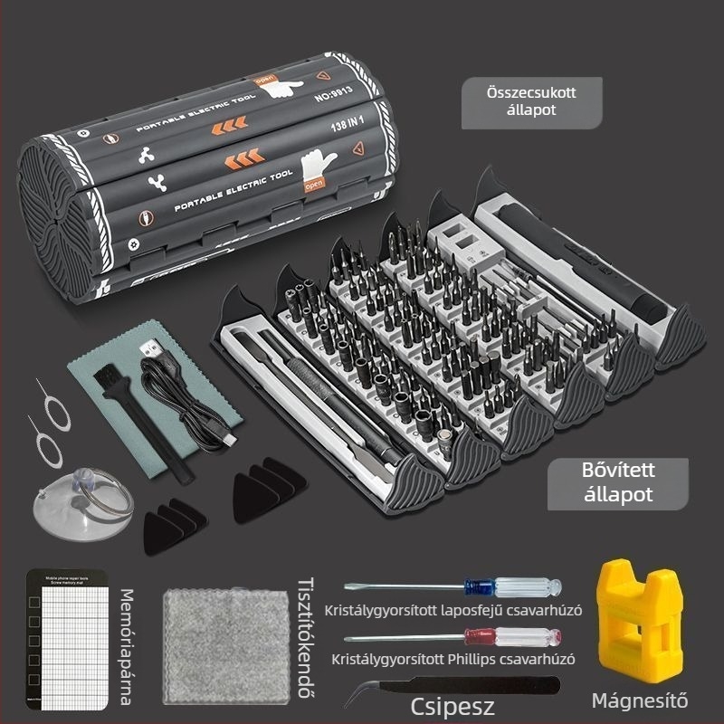 Elektromos precíziós csavarhúzó készlet 138-in-1 szétszereléshez, háztartási használatra, frissített 6 darab készlettel és edzett bitekkel, szénacél