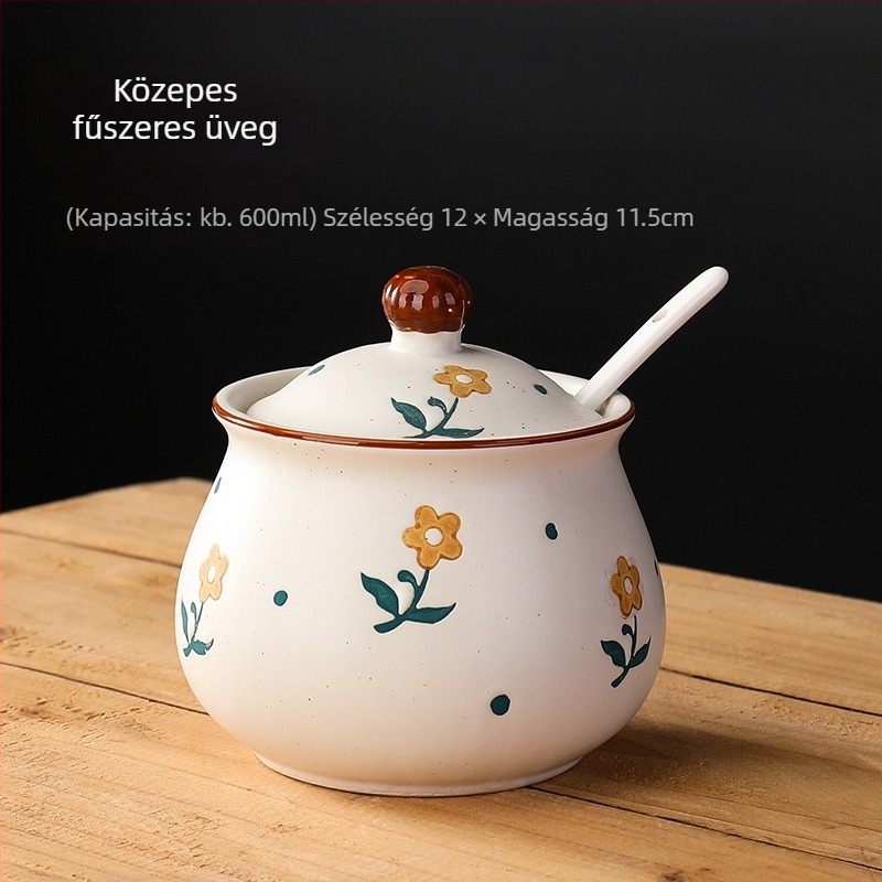 Long Yixuan Japán stílusú matt kerámia fűszeres készlet tálcával, fedéllel és kanállal