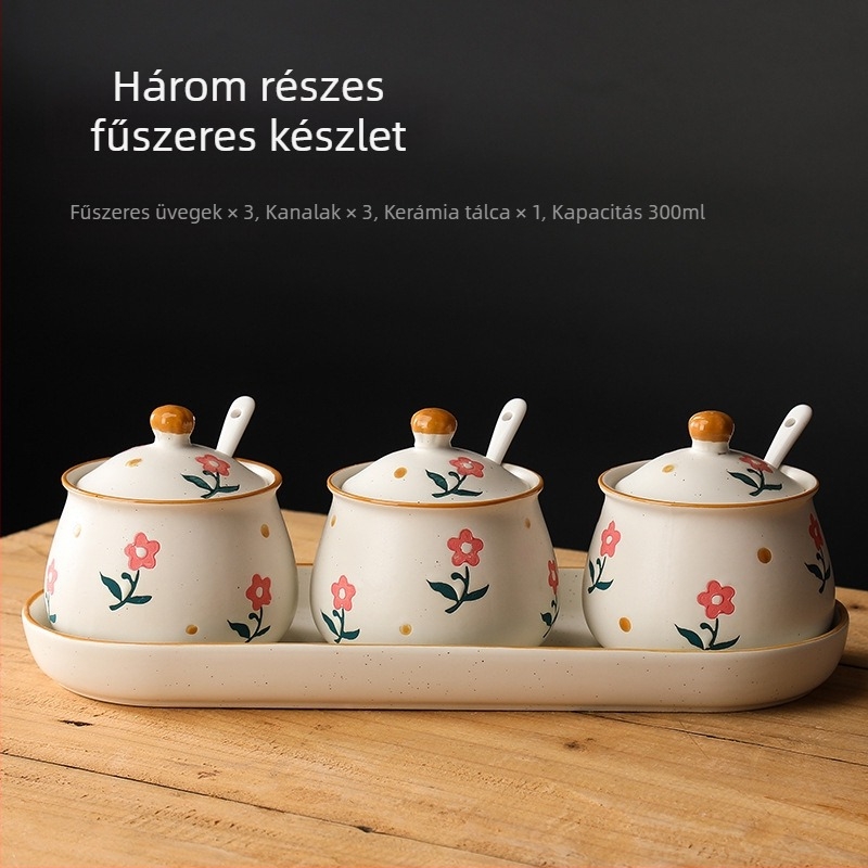 Long Yixuan Japán stílusú matt kerámia fűszeres készlet tálcával, fedéllel és kanállal