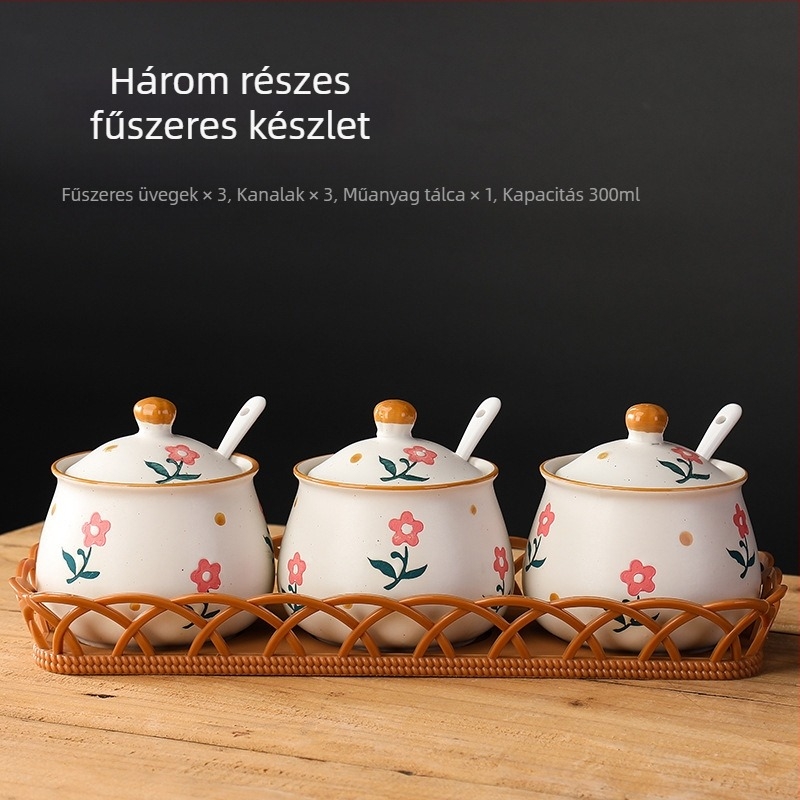 Long Yixuan Japán stílusú matt kerámia fűszeres készlet tálcával, fedéllel és kanállal