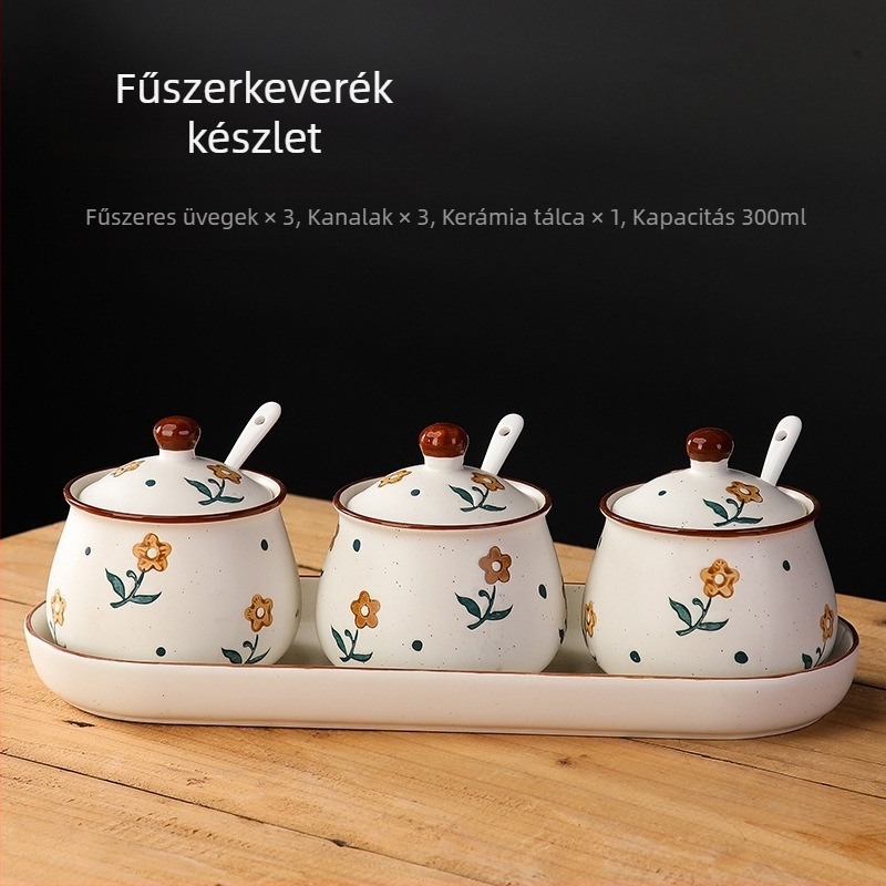 Long Yixuan Japán stílusú matt kerámia fűszeres készlet tálcával, fedéllel és kanállal