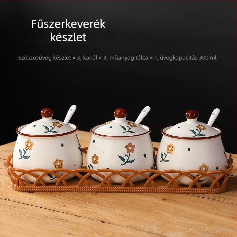 Long Yixuan Japán stílusú matt kerámia fűszeres készlet tálcával, fedéllel és kanállal