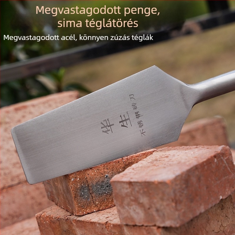 Rozsdamentes acél téglavágó kés, vastagított és kibővített kivitel, beépített glettelőkanállal, mangán acél