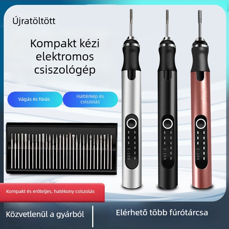 Manikűrhöz tervezett elektromos lyukasztó- és csiszoló toll — gravírozás, polírozás, vágás — újratölthető Li-ion akkumulátor, 20000 RPM, 3,7–5V, Fengyida