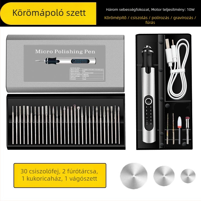 Manikűrhöz tervezett elektromos lyukasztó- és csiszoló toll — gravírozás, polírozás, vágás — újratölthető Li-ion akkumulátor, 20000 RPM, 3,7–5V, Fengyida