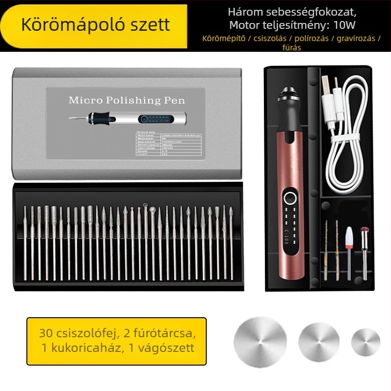 Manikűrhöz tervezett elektromos lyukasztó- és csiszoló toll — gravírozás, polírozás, vágás — újratölthető Li-ion akkumulátor, 20000 RPM, 3,7–5V, Fengyida