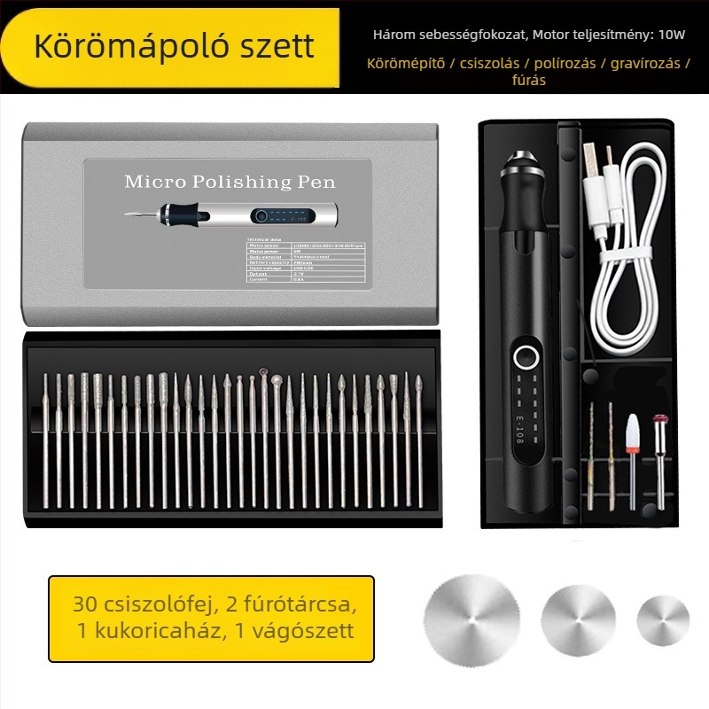 Manikűrhöz tervezett elektromos lyukasztó- és csiszoló toll — gravírozás, polírozás, vágás — újratölthető Li-ion akkumulátor, 20000 RPM, 3,7–5V, Fengyida