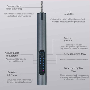 Világítással ellátott elektromos gravíró toll – Kangrun A288A, 3,7V újratölthető Li-ion akkumulátor, három sebesség, tartozék: töltőkábel és sablon