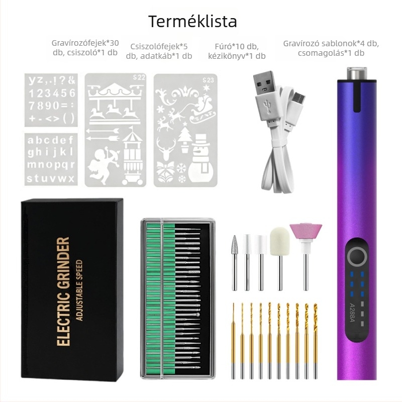 Világítással ellátott elektromos gravíró toll – Kangrun A288A, 3,7V újratölthető Li-ion akkumulátor, három sebesség, tartozék: töltőkábel és sablon