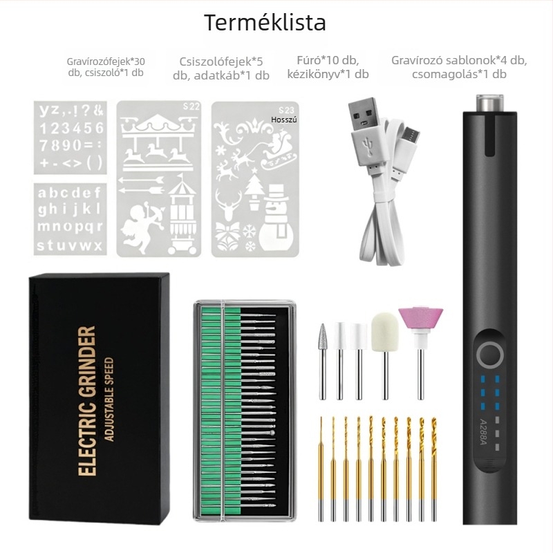 Világítással ellátott elektromos gravíró toll – Kangrun A288A, 3,7V újratölthető Li-ion akkumulátor, három sebesség, tartozék: töltőkábel és sablon