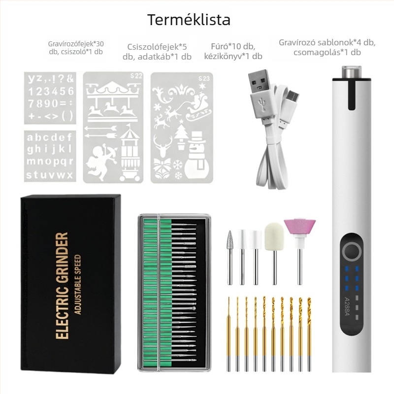 Világítással ellátott elektromos gravíró toll – Kangrun A288A, 3,7V újratölthető Li-ion akkumulátor, három sebesség, tartozék: töltőkábel és sablon