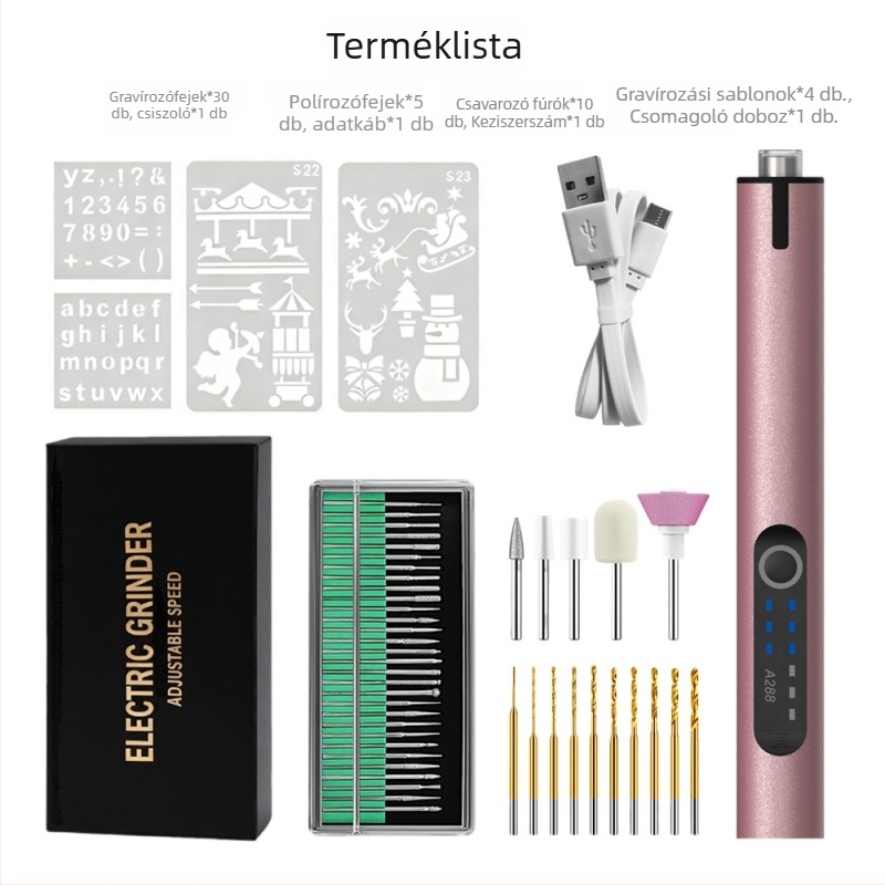 Világítással ellátott elektromos gravíró toll – Kangrun A288A, 3,7V újratölthető Li-ion akkumulátor, három sebesség, tartozék: töltőkábel és sablon