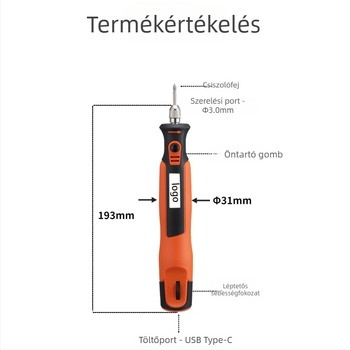 Kézi egyenes polírozó, újratölthető lítium akkumulátor, 3.7V, lépcsőmentes sebességszabályozás, 15 tartozék