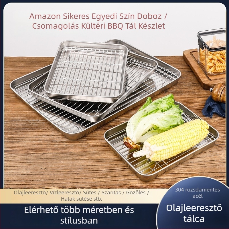 304 rozsdamentes acél négyszögletes tál-rács sütőbe, sütéshez és grillhez — olajszűrő és leeresztő tál