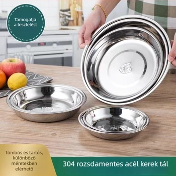 304 rozsdamentes acél kör alakú tállemez – mélyített, vastagított dizájn, polírozott felület, mikrohullámú sütőben használható