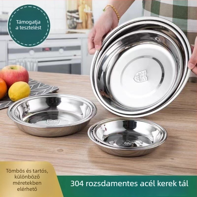 304 rozsdamentes acél kör alakú tállemez – mélyített, vastagított dizájn, polírozott felület, mikrohullámú sütőben használható