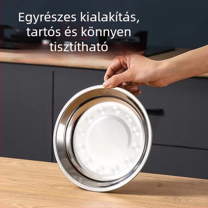 304 rozsdamentes acél kör alakú tállemez – mélyített, vastagított dizájn, polírozott felület, mikrohullámú sütőben használható
