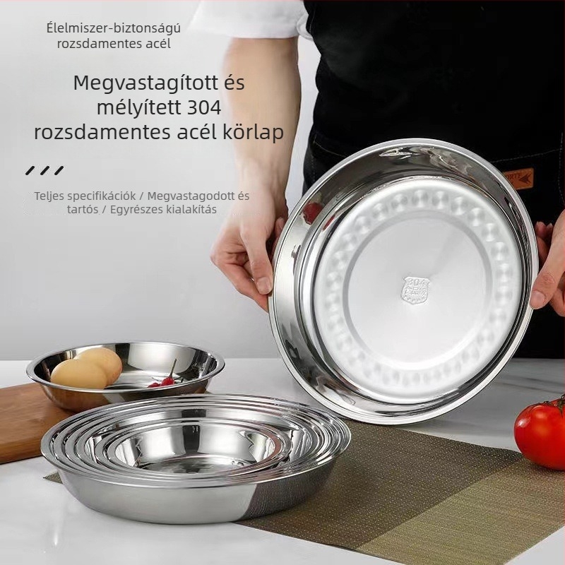 304 rozsdamentes acél kör alakú tállemez – mélyített, vastagított dizájn, polírozott felület, mikrohullámú sütőben használható