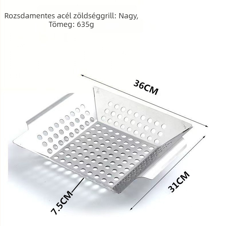 Rozsdamentes acélból készült perforált négyszögletes grilllemez – kültéri hálós grillserpenyő, hordozható BBQ kosár, 0,5 kg