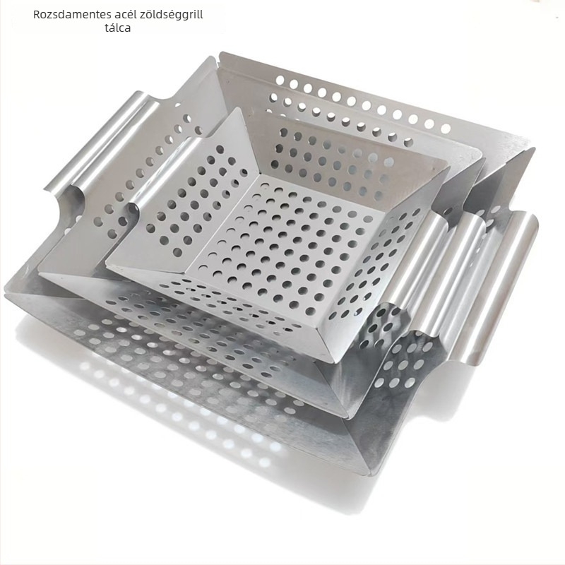 Rozsdamentes acélból készült perforált négyszögletes grilllemez – kültéri hálós grillserpenyő, hordozható BBQ kosár, 0,5 kg