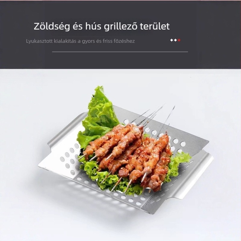 Rozsdamentes acélból készült perforált négyszögletes grilllemez – kültéri hálós grillserpenyő, hordozható BBQ kosár, 0,5 kg